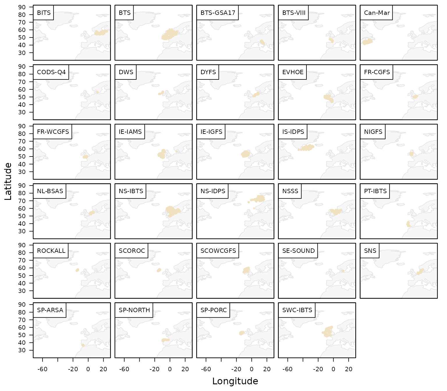 Map with available surveys in DATRAS