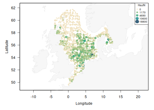 Map of common dab catch rates across North Sea IBTS haul locations